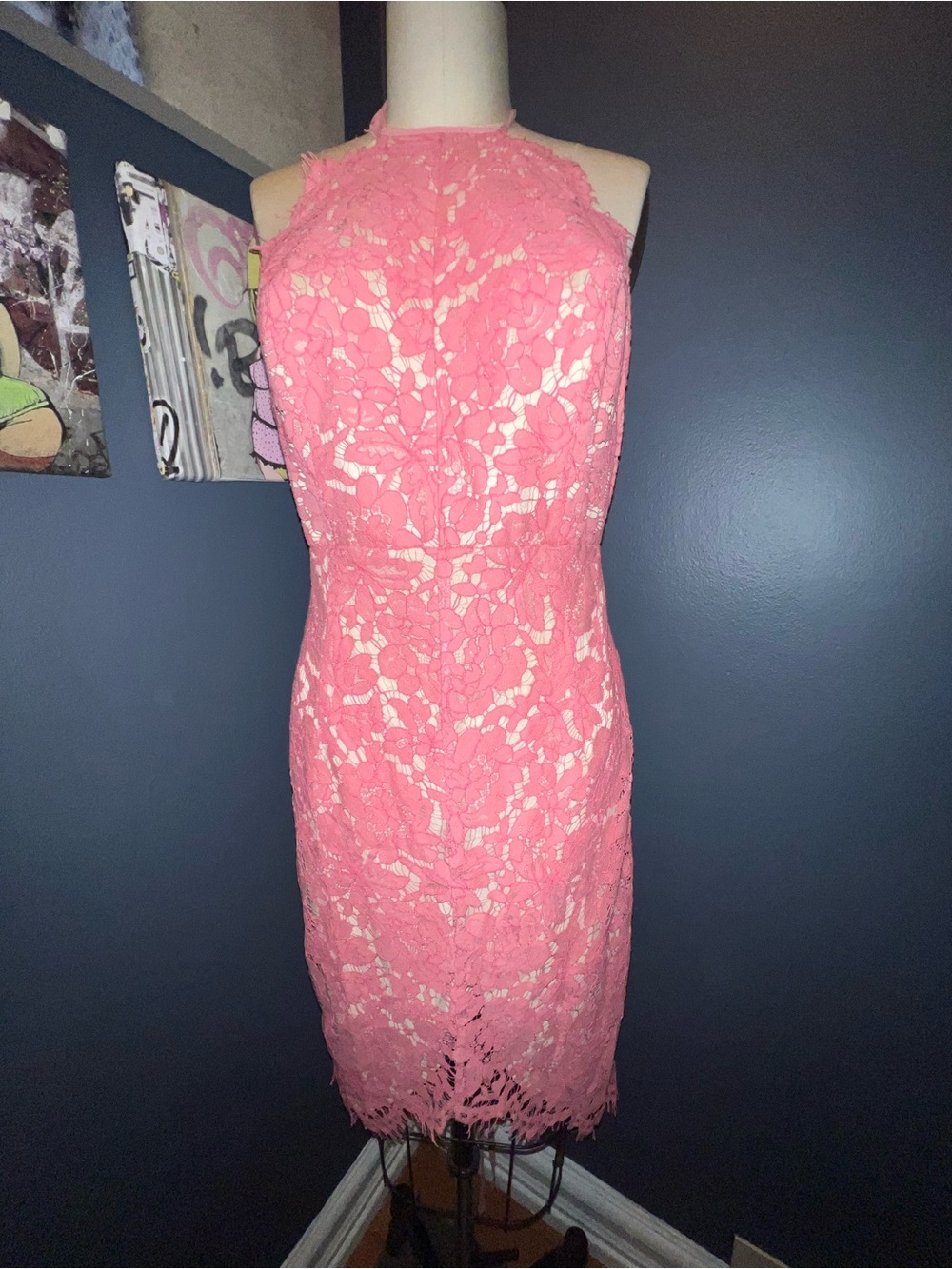 Coral Dress featuring a halter neckline and lace overlay